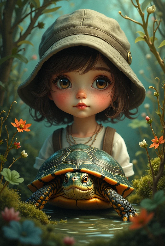 <lora:Sophie Gengembre Anderson Style:1>Sophie Gengembre Anderson Style - An 8-year-old girl with long hair, blue-eyed side, green side, holding a kitten and a baby turtle.  ,