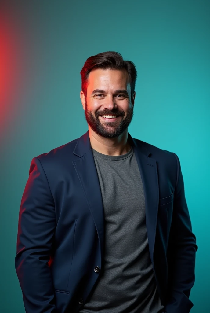 A man body weight 82 kg with dark hair and a confident smile. Litte beard fat cheek , He is dressed in a nevy blue blazer over a T-shirt. The man is positioned against aqua colour backdrop with a subtle red lighting on the left side. And he posing linkedin profile