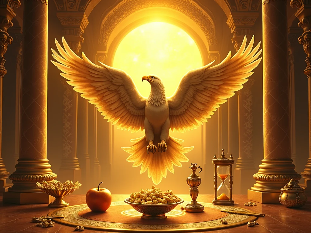 Create an archetypal image featuring a golden eagle, a shining sun, a golden apple, a golden diamond, a compass, an hourglass, and a golden key, all floating in a luxurious setting. The golden apple, golden diamond, and golden key should be the color of gold, matching the richness of real gold. The background should include a lavish and opulent scene with elements like ornate architecture, rich textures, and elegant decor, emphasizing prosperity and grandeur. Use warm and radiant tones, with no black, as it symbolizes loss