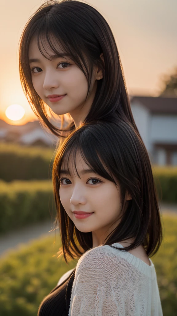 (masterpiece:1.2),(Highest quality),(Very detailed:1.2),(High resolution),(Photorealistic Stick),(RAW Photos),8k,Close-up of a woman in a black sweater,Soft portrait photography,Beautiful Japanese Woman,Gorgeous face portrait,Eye light,the person himself/herself,Very beautiful face,Beautiful portrait,A lovely and delicate face,Beautiful young Japanese woman,Mature hairstyle,Looking into the distance(Sunset in the background),(((Blur the background))),(Gentle light:1.5),(Front view),(pov shot),(smile)
