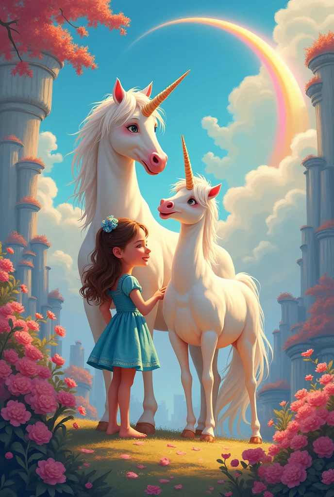 painting of a girl and a unicorn in a color palette with a painting brush, and added rainbow, in the dream land, process art, colorful kids book illustration, painting illustration, children book illustration, kids book illustration, a beautiful artwork illustration, colorful illustration, illustration painting, childrens art in artstation, illustration for children, childrens illustration, dreamy illustration in easy cartoon characters