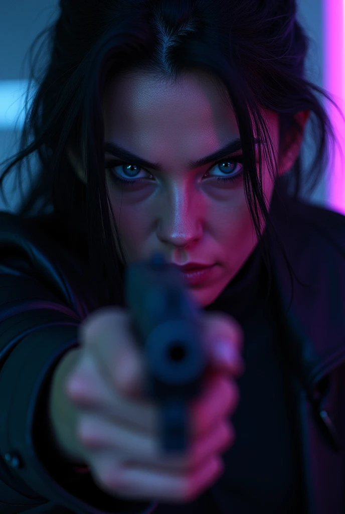 A close-up of a woman's very blue eyes, angry look, linda, black hair, black clothes, and a gun in his hand, night background, and purple phosphorescent light