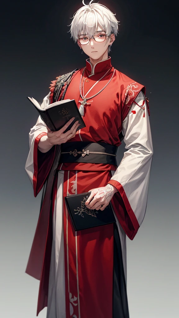 a Korean priest man with short messy white hair with black highlights, gray eyes, piercing look, strong body tattoos, dark cement wall background, with red lettering a drawing of a ,wearing a red and black knee-length tunic and wide clerical, reading glasses on face, It's with your hands together praying looking up, facing to the side ,manhwa oc anime panel