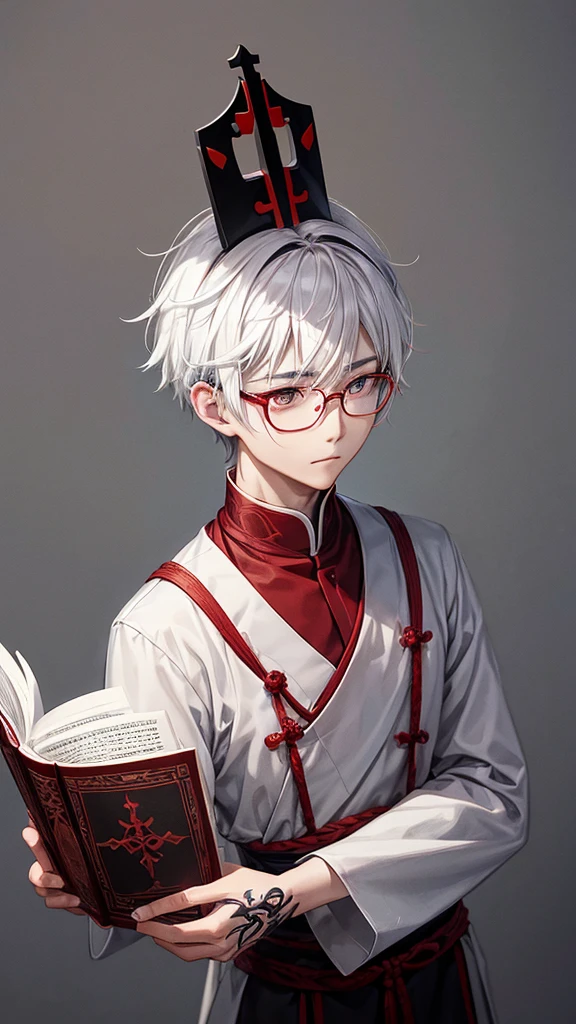 a Korean priest man with short messy white hair with black highlights, gray eyes, piercing look, strong body tattoos, dark cement wall background, with red lettering a drawing of a ,wearing a red and black knee-length tunic and wide clerical, reading glasses on face, It's with your hands together praying looking up, facing to the side ,manhwa oc anime panel