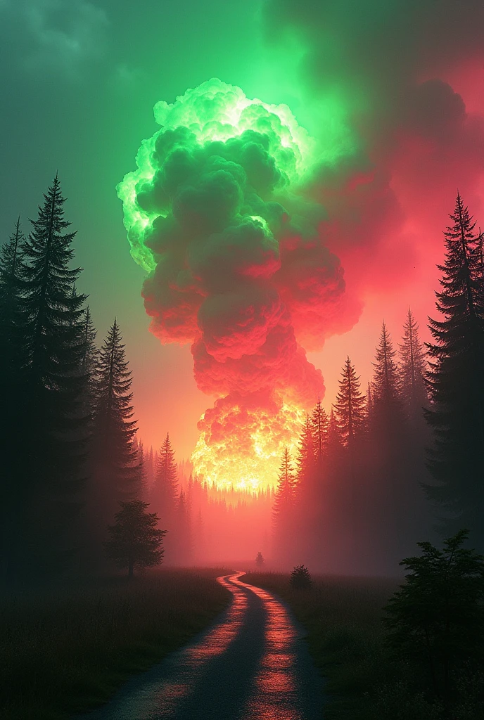 A huge explosion breaks out in the middle of a distant forest, A large green and pink explosion spreading in the middle of a forest and a road in the middle with green and pink fire on the sides, In the background, the trees are burning and pink smoke and flames are spreading all over the place.. The sky is red and has green smoke, more fire around that is green. Seen from the floor with more path on the floor with green fire. Chaos with lots of green and lots of fire