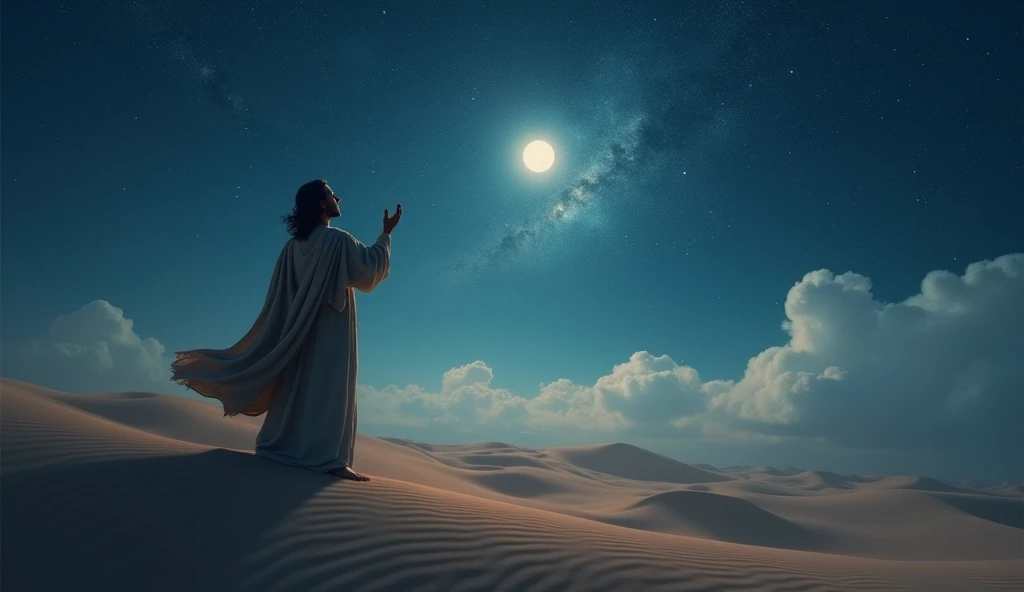Back view of the Prophet praying to Allah with both hands raised towards the starry and moonlit sky at night in the desert