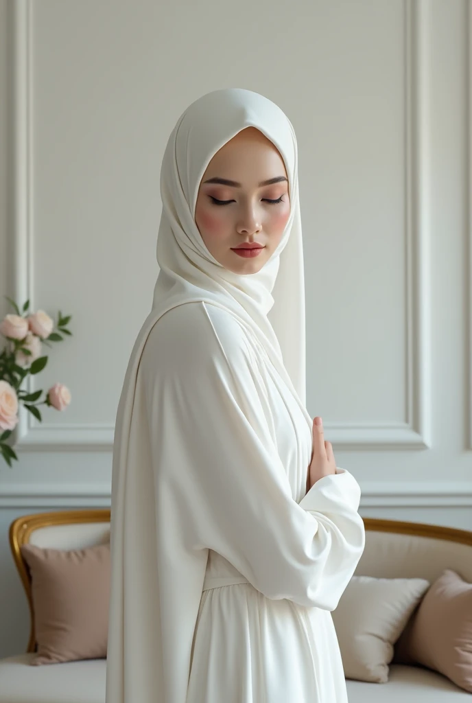 8k,high quality,wear Hijab,beautiful face, white body,ultra quality, living room,front of wall,adult girl