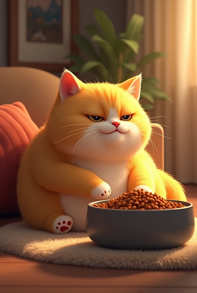 The scene opens in a cozy living room with warm lighting. A yellow, chubby cat lounges on a plush sofa. The cat looks content but greedy as it eyes a large bowl of cat food on the table.