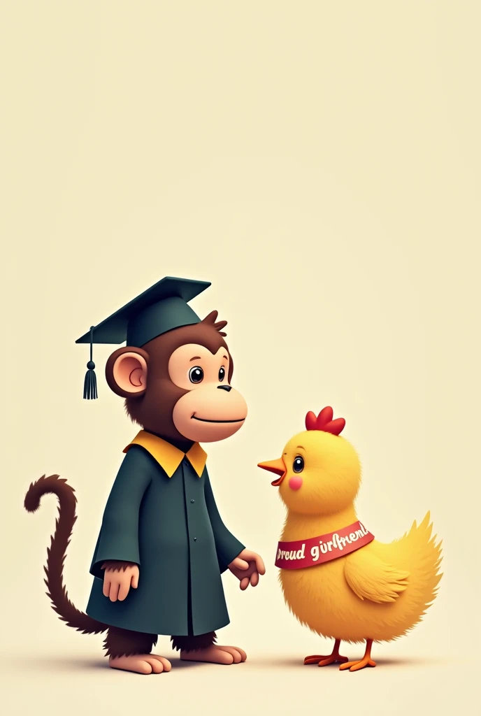 graduated monkey next to a little chicken with a band in the body that says proud girlfriend of a graduated 