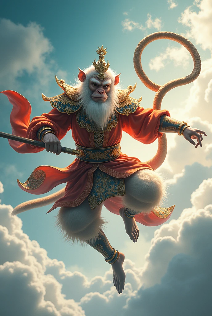 《journey to the west》Chinese mythological characters in,Sun Wukong,monkey look,Wearing ancient Chinese gorgeous armor,Foot somersault cloud,Holding ornate hoop in hand