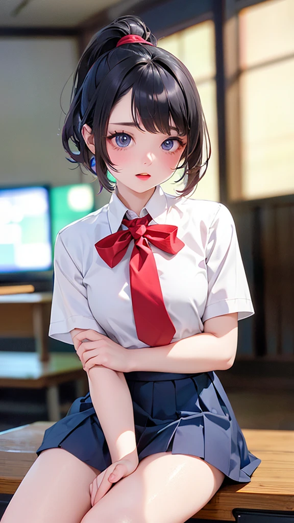 (Tabletop, Highest quality:1.2), 8k,LD, 85mm, Official Art, RAW Photos, Absurd, White dress shirt, Cute Face, close, Upper Body, Viola Lace, Gardenia, beautiful girl, , (Navy Pleated Skirt:1.1), Squeeze the waist, Thighs, Short sleeve, classroom, ponytail、short hair、short hair、sit on bench seat, Looking at the audience, No makeup, (smile:0.4), Film Grain, chromatic aberration, Sharp focus, Face Light, Bright lighting, , Detailed face, Background Blur, (Dark red tie:1.1)、日本の学校のclassroom、classroom
