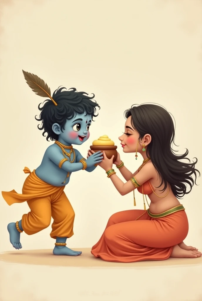 Cute baby lord krishna with a feather on his head is being mischivious there is a small clay pot of butter kept and his mother who looks like a goddess is trying to catch Krishna's ears who is trying to run away, on a plain background