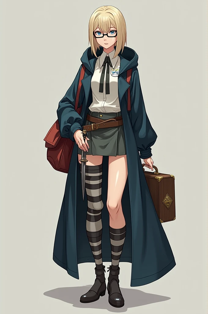 Make me an alchemist with ash blonde hair, blue eyes and pale skin. Whole body, that is gender fluid. Her hair is a little long, almost reaching the shoulders. He wears glasses and has some glasses for when he does positions.. He wears a robe and has several bands on his legs., One of them holds the dagger that she uses. He also has a bag where he carries his luggage.. It is from the middle period. He is thin and 2.