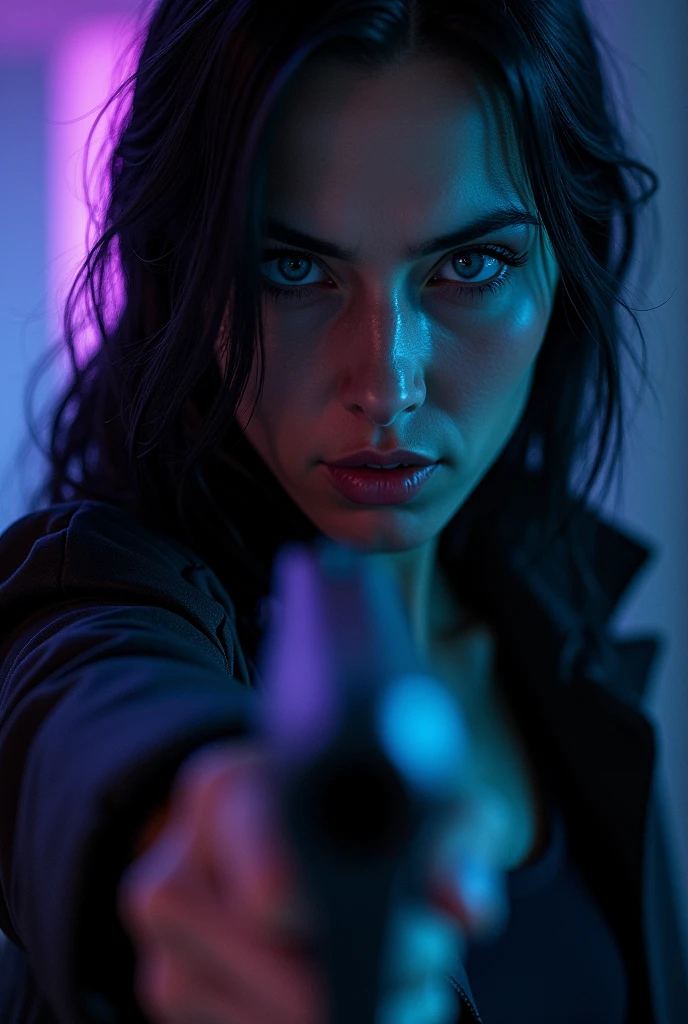 A close-up of a woman&#39;s very blue eyes, angry look, linda, black hair, black clothes, and a gun in his hand, night background, and purple phosphorescent light 