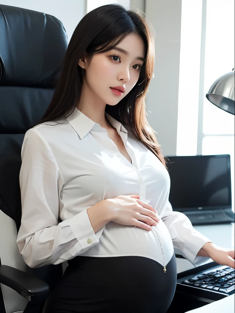 A pregnant woman in a white blouse and black jacket is working on a computer. The belly is prominent. Women are Asian, Especially Korean women. Her elegance is reminiscent of Japanese women. More details on the pregnant female robot have also been added.. The image&#39;s atmosphere must convey a strong sense of maternal love.. Images must be of the highest quality, Capturing the essence of motherhood in 4K resolution. A woman&#39;s belly should be noticeably large, She must have large breasts. The artistic style of this image is、It is believed to have been inspired by the work of Yoshitomo Nara.。, Focus on the portrait. The image should have bright and warm tones, Emphasizing the beauty of Asian women. Lighting should be soft and inviting, Accentuate feminine features、Create a peaceful atmosphere