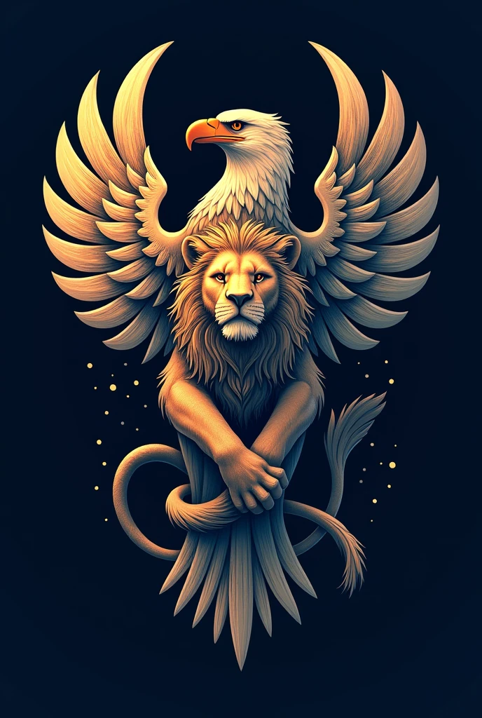 The logo depicts an eagle and a lion intertwined in a harmonious and balanced design. The eagle, with its wings outstretched, represents vision, power, and freedom. Its sharp eyes and beak are directed forward, symbolizing focus and determination. The lion, known for its strength and leadership, is depicted in a majestic stance beside the eagle. The lion’s mane flows seamlessly into the feathers of the eagle, creating a unified and fluid design. The colors are bold, perhaps with golds and deep b