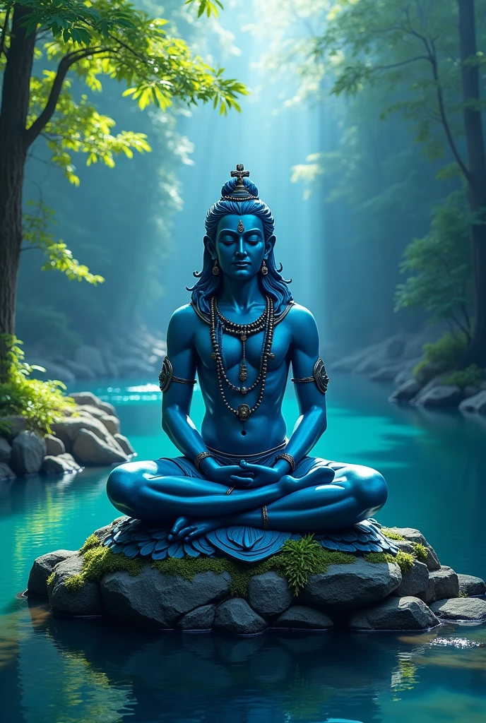 डार्क डेलाइट रिवर ब्लू वाटर ग्रीन forest setting on पद्मासन लॉर्ड ऑफ़ शिवा blue कलर statue and shiva टेंपल ओपन आई and smile
