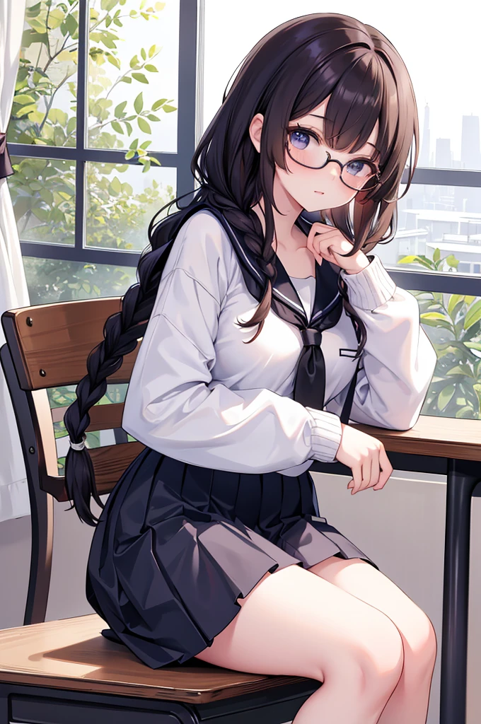 ((tmasterpiece,Best quality)),Portrait of a female student, A high resolution, highest quality, illuminations, Movie Lighting, ultra - detailed, Detailed faces, (Detailed eyes), Best quality, ultra - detailed, tmasterpiece, (Detailed faces),(brunette color hair,Japanese traditional schoolgirl hairstyle_Two twisted braids,hair on breasts,hair on shoulders,Qi bangs)+(黑The eye,美丽Detailed eyes,round frame glasses),Korea,Black student sailor uniform,crispy breasts,Chest, sporty attire, highest details, glowing light eyes, (Classroom:1.2), sit on chair, sitted, classroom desk, window, nigh sky, The light from the rear window is backlit, llight rays, (hight contrast), (One color),