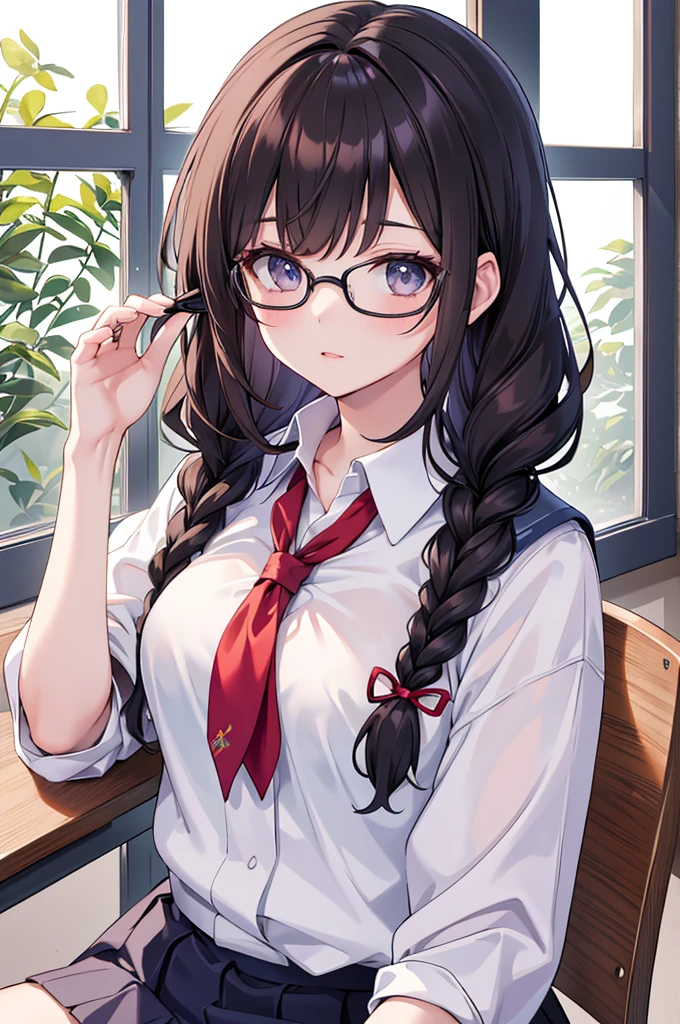 ((tmasterpiece,Best quality)),Portrait of a female student, A high resolution, highest quality, illuminations, Movie Lighting, ultra - detailed, Detailed faces, (Detailed eyes), Best quality, ultra - detailed, tmasterpiece, (Detailed faces),(brunette color hair,Japanese traditional schoolgirl hairstyle_Two twisted braids,hair on breasts,hair on shoulders,Qi bangs)+(黑The eye,美丽Detailed eyes,round frame glasses),Korea,Black student sailor uniform,crispy breasts,Chest, sporty attire, highest details, glowing light eyes, (Classroom:1.2), sit on chair, sitted, classroom desk, window, nigh sky, The light from the rear window is backlit, llight rays, (hight contrast), (One color),