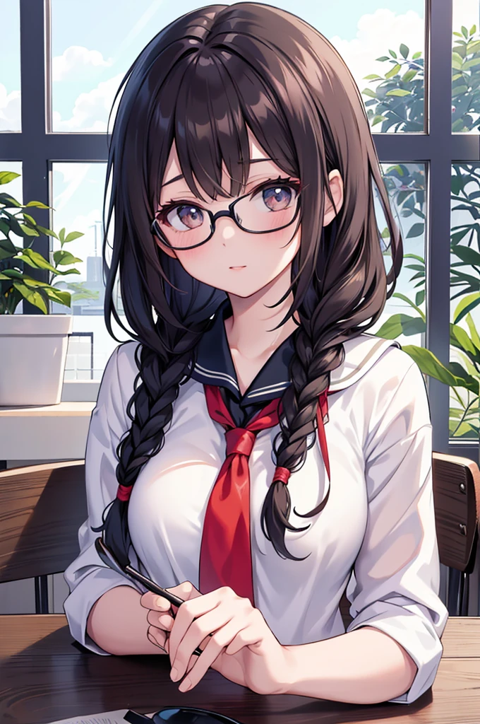（（tmasterpiece，Best quality）），Portrait of a female student， A high resolution， highest  quality， illuminations， Movie Lighting， ultra - detailed， Detailed faces， （Detailed eyes）， Best quality， ultra - detailed， tmasterpiece， （Detailed faces），(brunette color hair,Japanese traditional schoolgirl hairstyle_Two twisted braids,hair on breasts,hair on shoulders,Qi bangs)+(黑The eye,美丽Detailed eyes,round frame glasses)，Korea，Black student sailor uniform，crispy breasts，Chest， sporty attire，  highest details， glowing light eyes， （‎Classroom：1.2）， sit on chair， sitted， classroom desk， window， nigh sky， The light from the rear window is backlit， llight rays， （hight contrast）， （One color），