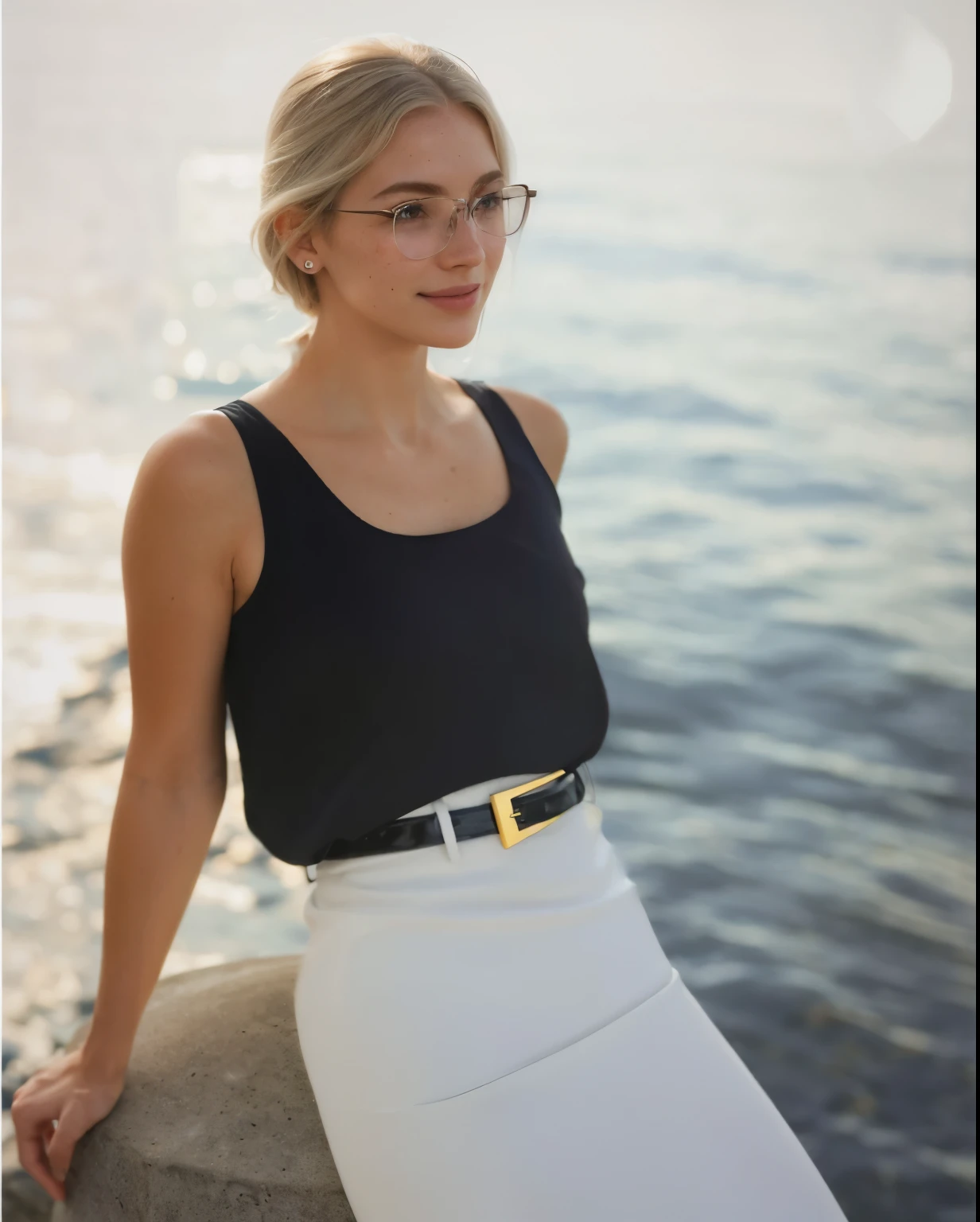 Woman, americana, age 25, pale skin and freckles, gray eyes, delicate nose, soft and delicate lips, far away, cabelo blondie far away e ondulado na altura da cintura, sweet smile, face with delicate feminine facial features, highly rendered