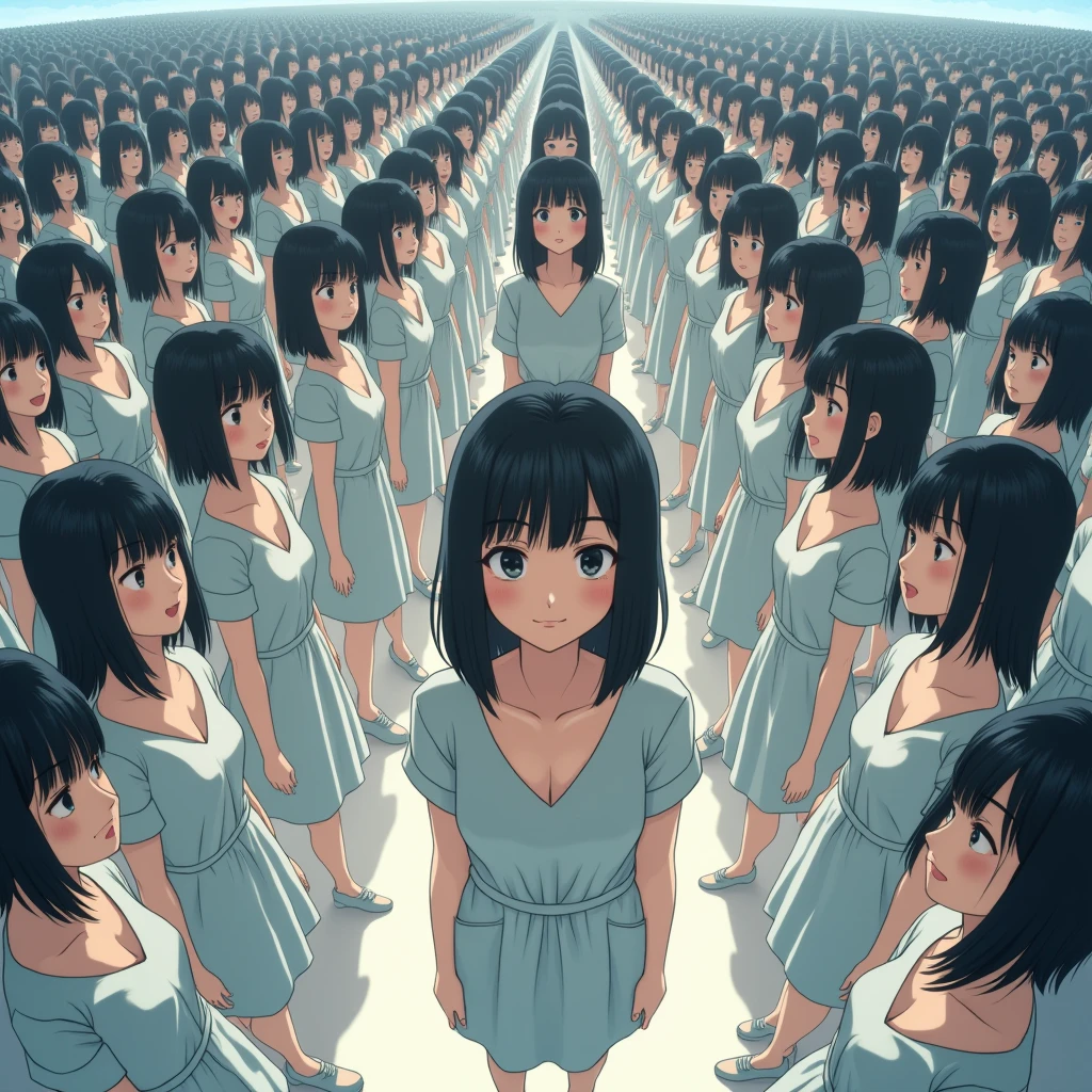 (((((Japanese Clone girls=Myself)))))), (((Best Super High quality Myself Clone girls Raw Photography Art))), (16K, Highest quality, Ultra-high resolution, RAW Photos), (((It's so unrealistic., With unparalleled depiction, With an unfathomable sight, An unprecedented and shocking worldview, Clone girls in a world of mass reproduction, Ultra-realistic))), (((Japanese, woman, 20yo, Saito-Asuka))), (Small face, ((Thick black hair, Semi-long hair))), ((V-neck short-sleeve dress)), (((((Very detailed美しい女体, Accurate body structure, Very detailed完璧な, Super busty body with very large breasts, Clearly emphasizes cleavage))))), (((Dark Eyes, Mature face, Cute Smile, A gentle gaze))), (((Her happy and smiling expression is so cute))), ((((((((Very detailed分身増殖描写, ((1girl→Myself cloning→1,000,000,000,000,000,000,000,000,000,000,000,000,000,000,000,000,000,000,000,000Myself Clone girls)))))))))), ((((((((Very detailed, The precise depiction of the proliferation of Myself Clone girls, ((With the perfectly identical bodies of Myself clone girls, With the exact same face as the Myself clone girls, With the exact same hairstyle as the Myself clone girls, In the exact same clothes as the girls who are my clones, Perfectly the same height as the Myself clone girls, Super big breasts, just like the Myself clone girls)))))))))), (((Myself clone girls only))), (((Multiple pairs, Very detailed depiction, (Myself clone girls hug each other, Myself clone girls assemble, Fun conversations with fellow Myself clone girls, A fun conversation between Myself clone girls, Myself clone girls holding hands, Walking with lots of Myself clone girls, Turn around, Look at me!)))), (((Everyone looks at the camera))), (((Unbelievably crowded, Transcendent Myself clone girls intimately, Countless Myself clone girls surround you in 360 degrees))), (Bright, soft sunlight), (((Very wide field of view, Very detailed, Detailed ultra-perspective depiction with clear depth, super wide top view))), (((((Junction with a curved slope))))), (((Very photographic and detailed depiction, Myself clone girls will multiply infinitely and fill the surroundings from one side to the horizon with their bodies tightly packed together without any gaps., A scene of endless Myself clone girls and a fun atmosphere))), (Focus on the average value of the image)