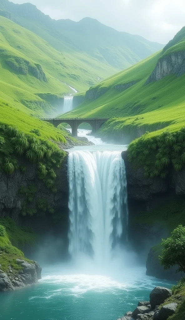milk waterfall falling from hill photo realistic