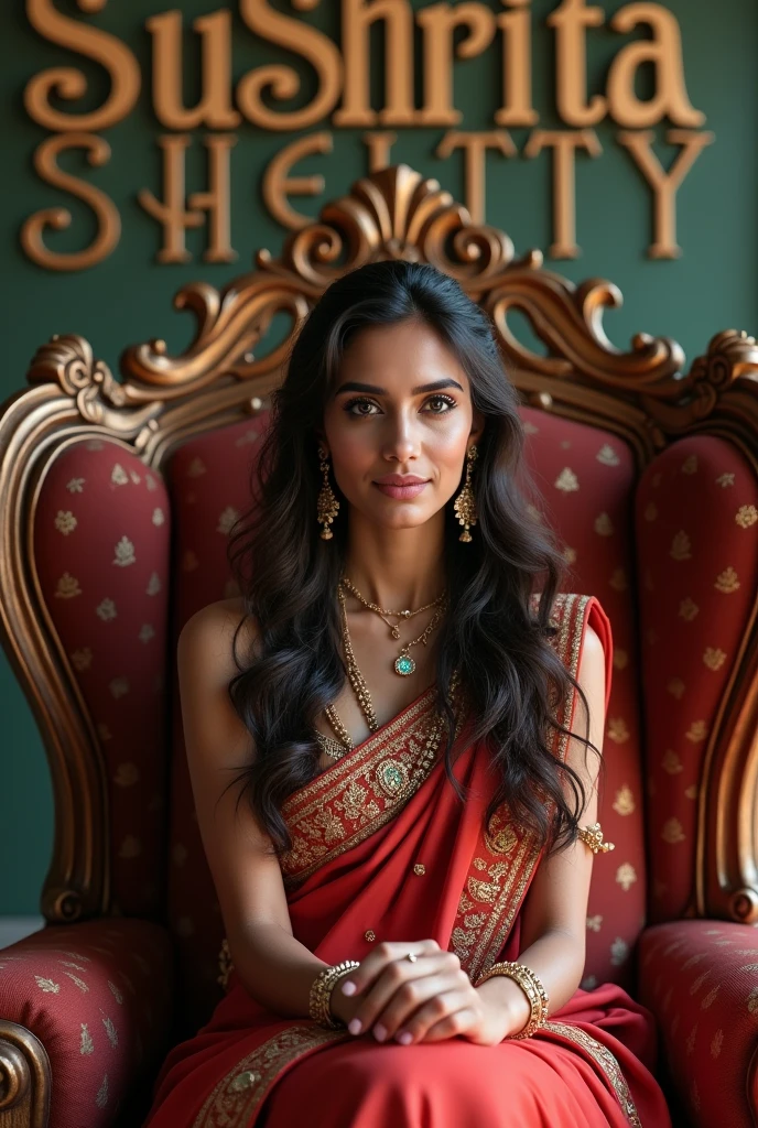 A gorgeous indian girl sitting in a big chair and behind the wall written "Sushrita Shetty" in big words