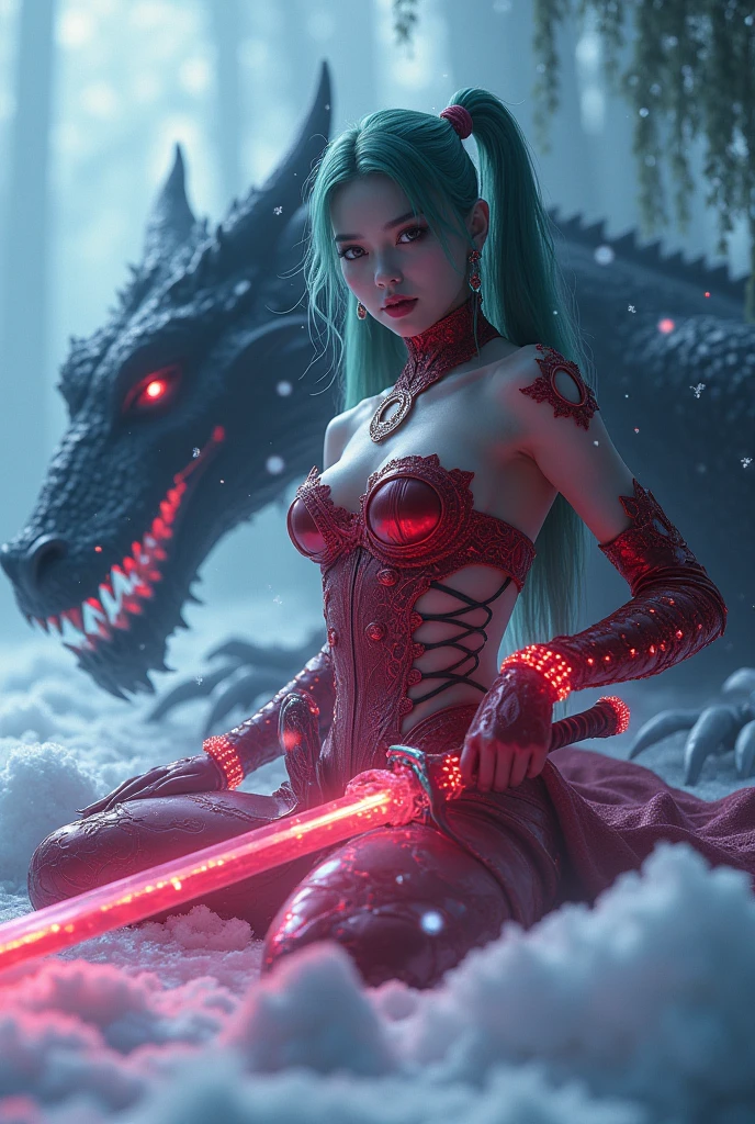 (absurd quality,16k,highres,masterpiece:1.2), ultra details,UHD,(photorealistic Realism 16K Quality), (ultra absurd quality, extremely detailed detail, hyper resolution, clear sharp focus, not blurry, Realistic white_eyes:1.35), (perfect dark_eyeshadows),Depth of field, cinematic light, Lens flare, dslr, fashion model 30 years old, (extremely beautiful face, beautiful lips, beautiful eyes), (intricate detail face), ((ultra detailed skin)), I see Ultra Instinct surrounded by a purple aura and lightning (((full body shot))), 4k, 3D, Draw moving ice flames, [[chest]], neck, [[bodysuit lacy lace-upp]], [shoulders], all feet and breasts shod in armor of red glass, and cristals (corset), twintails asymetrical long ((green hair)), 1Girl (beautiful crop top), ((narrow waist), perky , (glaring ice eyes:1.6), The drawn enchanted fantasy land is frosty, with flying pieces of ice floating in the air and glowing energy crystals. this environment in the mist and magical vortex of thousands of ambient light elements, light reflections, including the environment (ice and crystals) glowing in the air. The girl's armor is made of red glass, which absorbs the magical energy of the environment and releases it in the form of bright light. In this fantastic area there is a great spirit black dragon (length: 125 m) and a thick one surrounding this fantastic masterpiece with all its greatness, illuminated accessories. This fantastic land is inhabited by a large flying serpent dragon with wings surrounding this fantastic masterpiece with all its wonderful accessories. The black dragon-beast lies on the ice facing the viewer. The image of this fantasy land is shrouded in powerful, ((glowing light)), cristal sword, extremely detailed artgerm, beautiful elegant demon queen, (oli face: 1.3), (snowflakes:1.8), ray tracing, (sparkle:1.8), UHD, (shiny:1.5), (light reflections:1.3), (crisp:1.7), ((thick thighs)), ((thick hips)), ((thin waist)),
