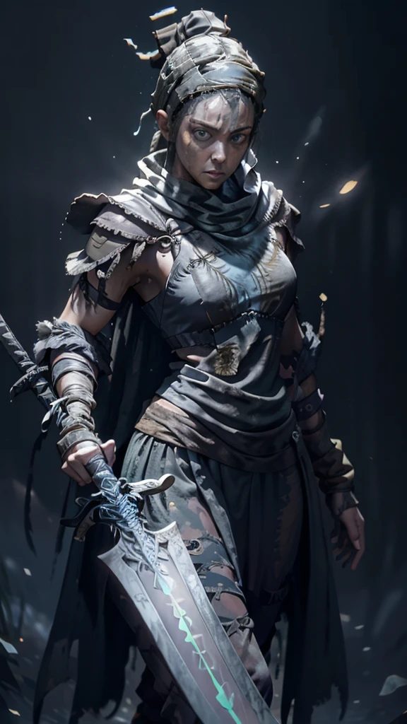 Senua from hellblade, 1girl, holding glowing sword, sword fighting poses, wide angle, damaged leather clothing, thigh cutout, forehead and eyes painted dark blue, determined expression, 16k, best quality, detailed face, beautiful blue eyes, best hands, perfect hands, unreal engine rendering style, award winning digital art, darkly atmospheric lighting 