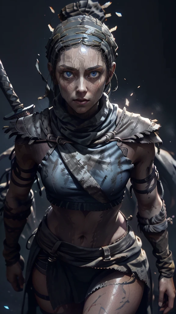 Senua from hellblade, 1girl, holding glowing sword, sword fighting poses, wide angle, damaged leather clothing, thigh cutout, forehead and eyes painted dark blue, determined expression, 16k, best quality, detailed face, beautiful blue eyes, best hands, perfect hands, unreal engine rendering style, award winning digital art, darkly atmospheric lighting 