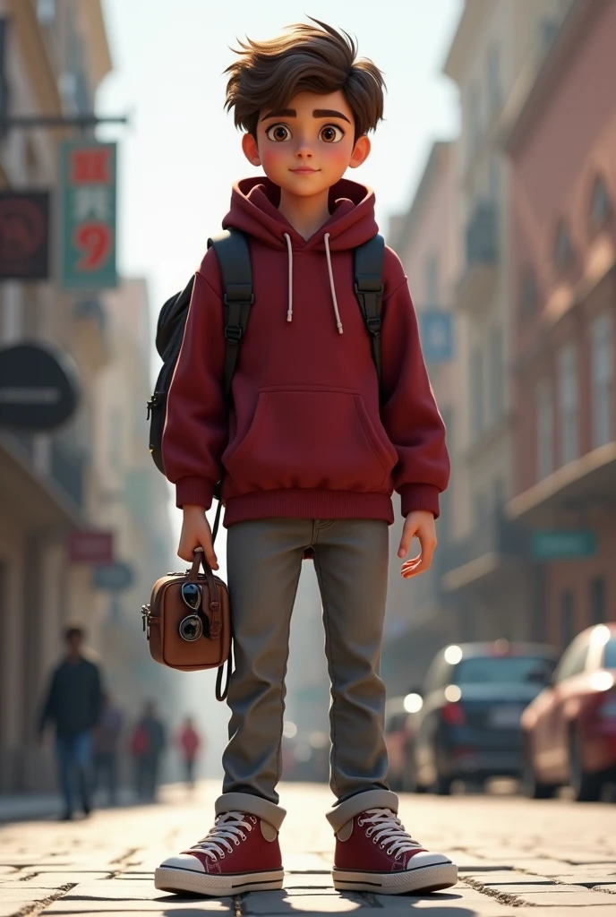 A teen boy age 17  boy with maroon hoodie grey pant maroon shoes maroon eyes with a small bag with sunglasses 