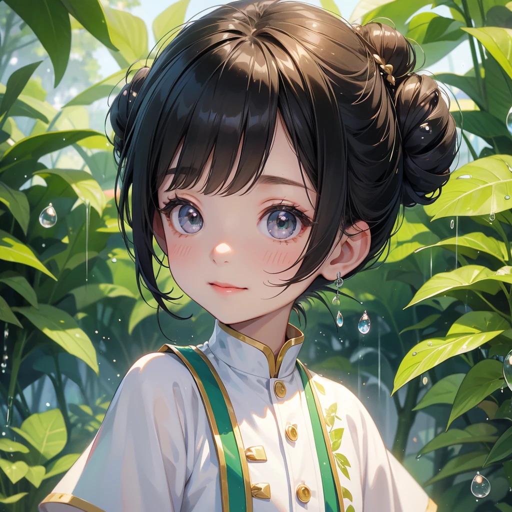 A chibi child girl had a small face and wearing a white little tourist priest’s outfit, a pair of big round eyes shone with curiosity about him. This child was so cute, her hair is black with buns on her hair. Small chibi , chibi baby, smiling , chibi.
Background is trees, vegetables, lush green, with water drops after rain, with water droplets everywhere, green
