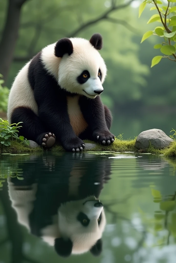 The panda is sitting on the edge of the pond looking at his reflection in the water, occasionally he is happy to stir the water with his paw. Popo has wicked eyes and is always thinking of something new to do.