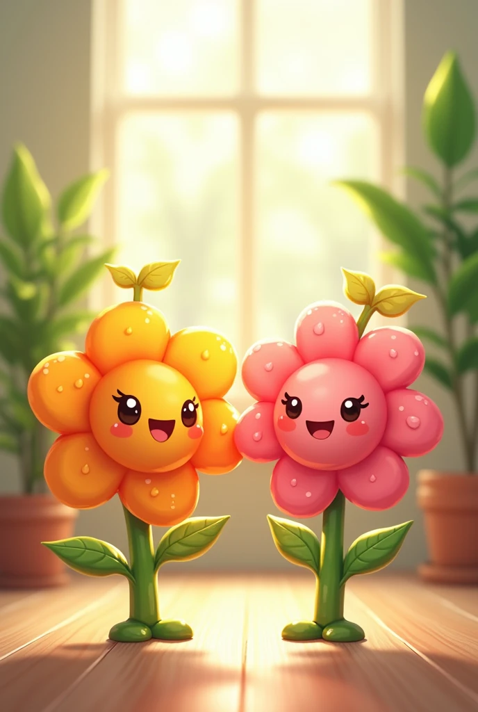 Create an image of two adorable, cartoonish flower characters, one orange and one pink, both with cheerful smiles and tiny arms and legs. They have glossy, semi-transparent surfaces with tiny water droplets, and each has a small leaf on top. The background features a bright and airy indoor setting with green plants and soft natural light, creating a cozy atmosphere. The scene conveys a sense of happiness and friendship, with a gentle bokeh effect in the background.