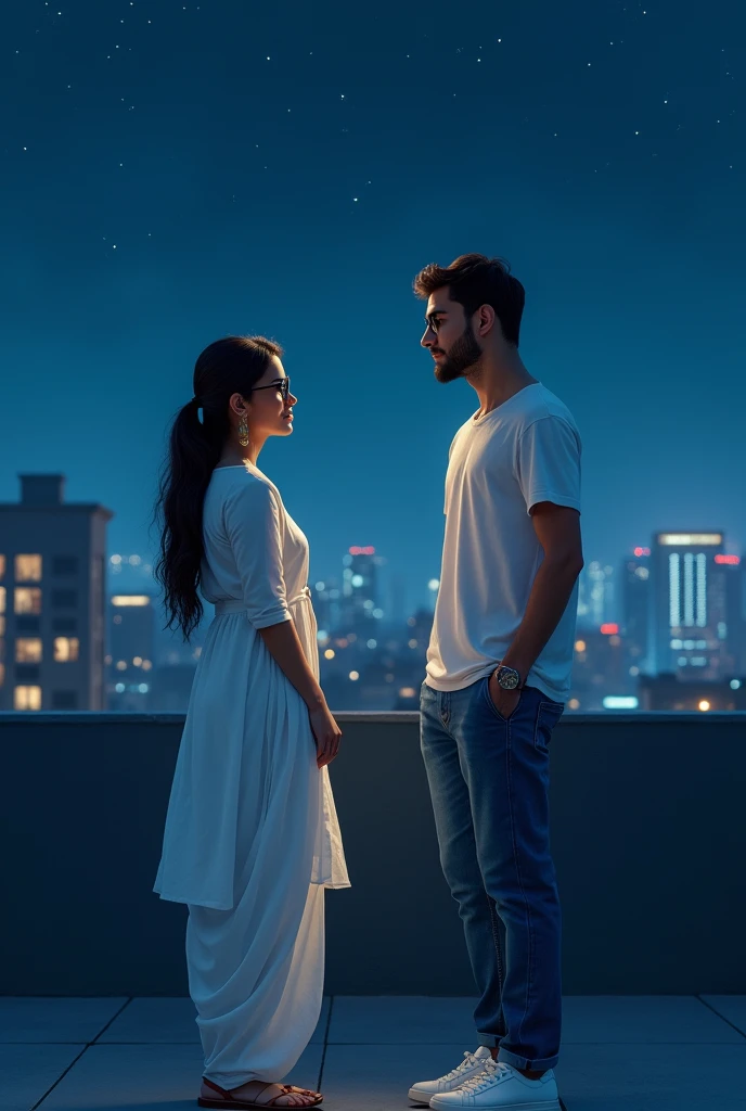 A woman and a men are talking on the rooftop at night, the women is wearing a white Indian traditional suit and glasses, the men is wearing a white shirt, jeans and white shoes.