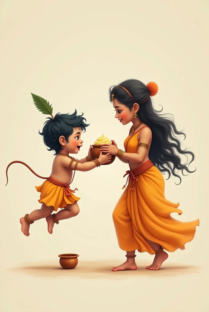 Cute baby lord krishna with a feather on his head is being mischivious there is a small clay pot of butter kept and his mother who looks like a goddess is trying to catch Krishna's ears who is trying to run away, on a plain background