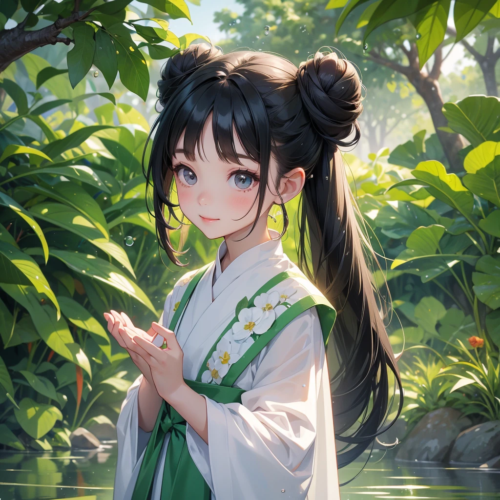 A chibi child girl had a small face and wearing a white little tourist priest’s outfit, a pair of big round eyes shone with curiosity about him. This child was so cute, her hair is black with buns on her hair. Small chibi , chibi baby, smiling , chibi.
Background is trees, vegetables, lush green, with water drops after rain, with water droplets everywhere, green