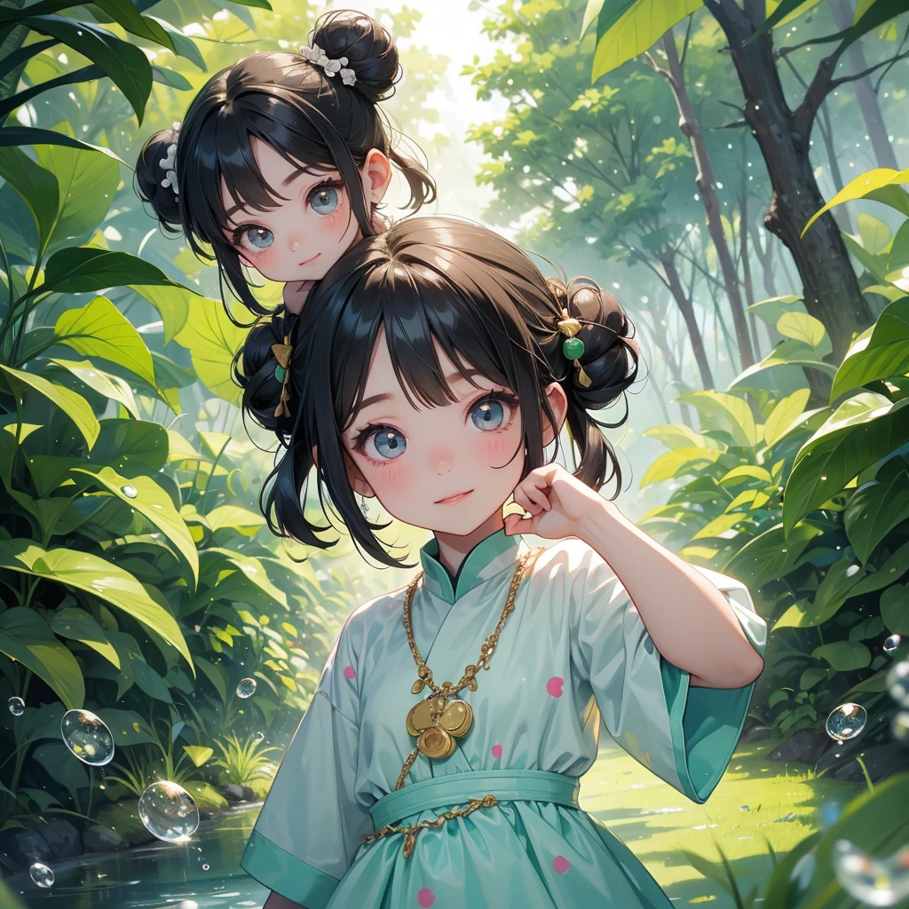 A chibi child girl had a small face and wearing a white little tourist priest’s outfit, a pair of big round eyes shone with curiosity about him. This child was so cute, her hair is black with buns on her hair. Small chibi , chibi baby, smiling , chibi. 

Background is trees, vegetables, lush green, with water drops after rain, with water droplets everywhere, green
