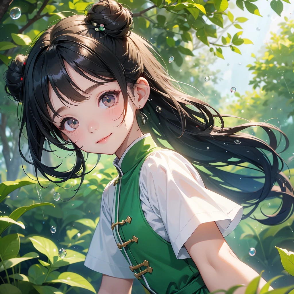 A chibi child girl had a small face and wearing a white little tourist priest’s outfit, a pair of big round eyes shone with curiosity about him. This child was so cute, her hair is black with buns on her hair. Small chibi , chibi baby, smiling , chibi. 

Background is trees, vegetables, lush green, with water drops after rain, with water droplets everywhere, green