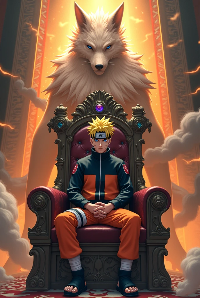 Naruto sitting on a throne with Kurama in the background 