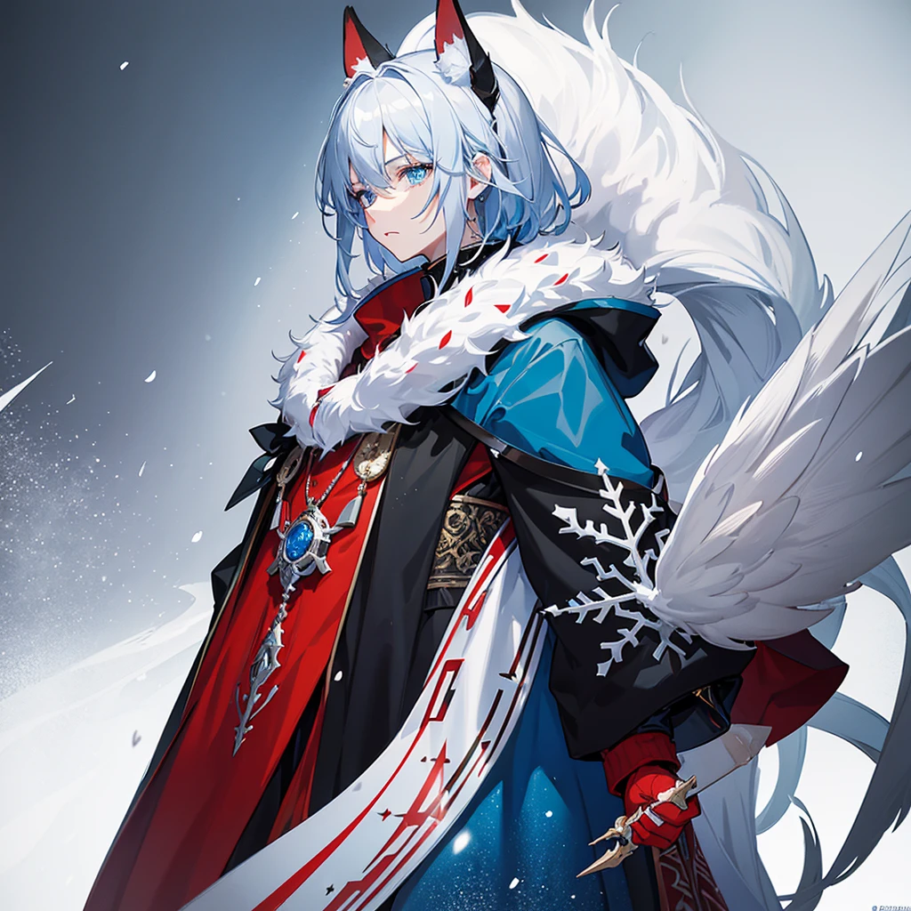 Highly detailed and stylized anime-style illustration featuring a Male character with striking blue eyes and white hair. The character has a serious expression and is adorned with tribal-like red markings on their face. They are wearing a hooded cloak with fur trim and intricate red and black patterns. The hood has animal ears, adding a unique touch to the outfit. The background is a snowy landscape, with snowflakes gently falling around the character, enhancing the wintry atmosphere. The overall color palette is a mix of cool blues and warm browns, creating a visually striking contrast.Highly detailed and stylized anime-style illustration featuring a young character with striking blue eyes and white hair. The character has a serious expression and is adorned with tribal-like red markings on their face. They are wearing a hooded cloak with fur trim and intricate red and black patterns. The hood has animal ears, adding a unique touch to the outfit. The background is a snowy landscape, with snowflakes gently falling around the character, enhancing the wintry atmosphere. The overall color palette is a mix of cool blues and warm browns, creating a visually striking contrast