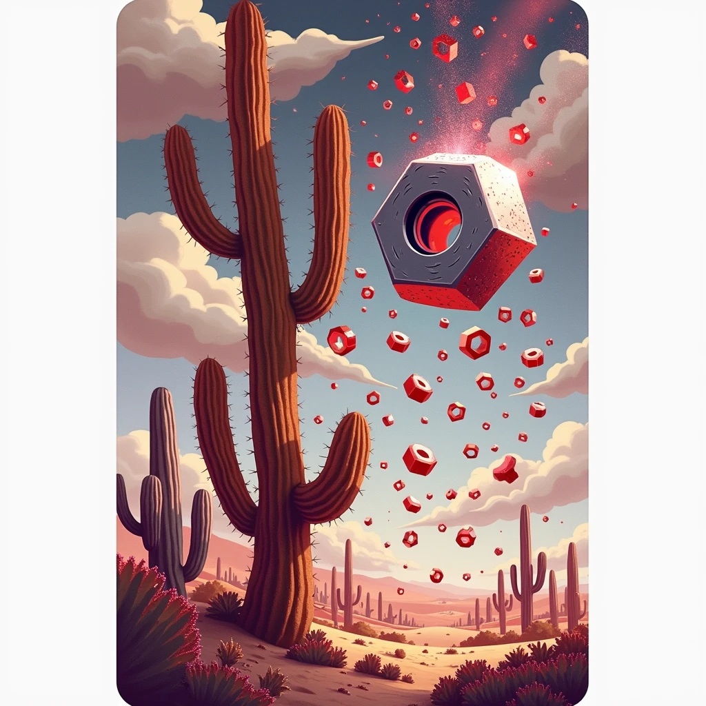 playing card in dixit style, iron nut rain, in a cactus desert.
