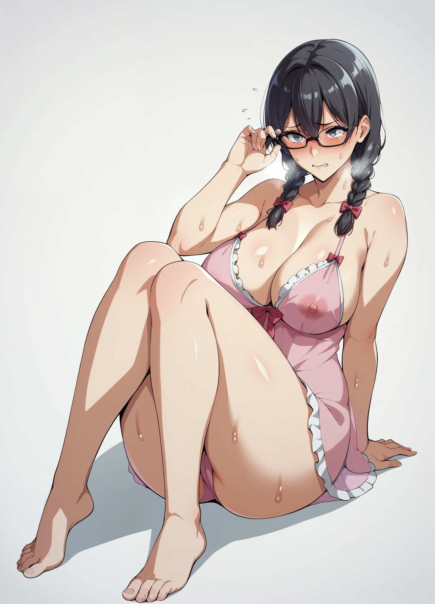 Ultra-detailed illustrations、Ultra-precise expression、masterpiece、Highest quality、ultra High resolution、High resolution、takeda hiromitsu style、White background、Simple Background、Character portrait、One person、10th Generation、solo、Black Hair、Drooping eyes、Timid、Black glasses、Two short braids、Grey Eyes、Big Breasts、Sweat、White Breath、Embarrassed expression、barefoot、Pink doll、
