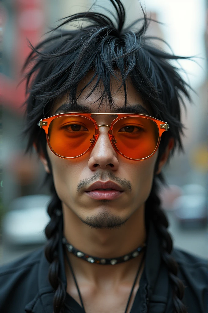 A Japanese man, rat tail braid, messy mullet, wearing orange sunglasses, has aquiline nose, sharp jawline