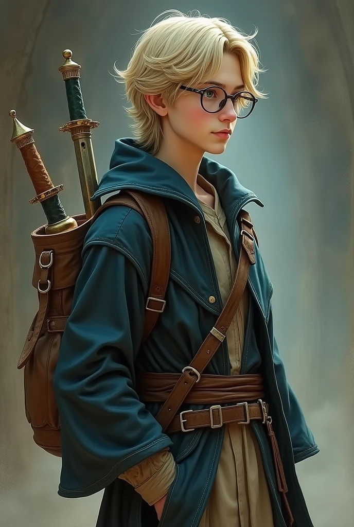 Make me an alchemist with ash blonde hair, blue eyes and pale skin. Whole body, that he be a young man. Her hair is a little long, almost reaching the shoulders. He wears glasses and has some glasses for when he does positions.. He wears a robe and has several bands on his legs., One of them holds the dagger that she uses. He also has a bag where he carries his luggage.. It is from the middle period. He is thin and 2.