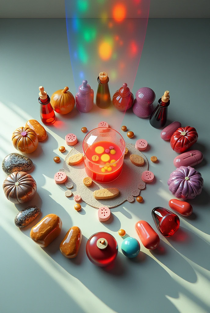 Syrups, pills and LSD sheets laying in a circle