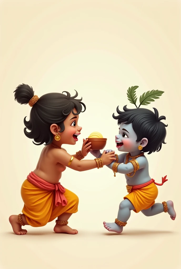 Cute baby lord krishna with a feather on his head is being mischivious there is a small clay pot of butter kept and his mother who looks like a goddess is trying to catch Krishna's ears who is trying to run away, on a plain background