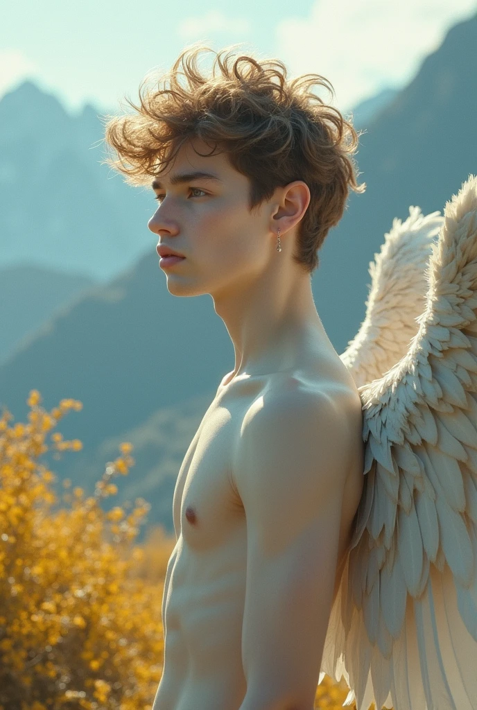 1boy, 1, full body shot, full hd, arms detail, body detail, legs detail, face detail, feets detail, feet on the floor, hands detail, light brown long curly hair, cold white illuminated skin, slender body, soft thin face, small transparent light red linen covering the pelvis, thin earrings in the ear, large wings on the back that almost touch the ground of gray feathers, in a large and immense field in mountains with golden bushes in the background, blue sky cold as hell, a sprig of Hydrangea, masterpiece, best quality, most handsome man in the world, dramatic lighting, full body, body hairless, tall, fit body, dominating, white or white skin, boy soft face, soft light, highly detailed, looking at the audience, photography, detailed skin, real person, crazy detail, facial detail, hype maximization, telephoto, lighting complex detail , Highly detailed, Digital painting, artstation, concept art, smooth, sharp focus, illustration, Unreal Engine 5, art by Ross Tran and Greg Rutkowski and Alphonse Mucha, Show men only .8k Ultra HD, dslr, dim lighting, high quality, film grain, Fujifilm XT3, 2-person, two-person model. hype surrealism, hype surrealism, by Shen Quan, perfect body, beautiful young male model, an attractive man 18-2 aesthetic, Sunshine sports student, asianboy, bulgej8, Noosphere, fantasy dark, light and cold aesthetics,
