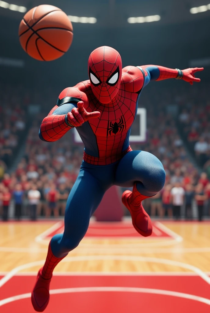 spiderman making a three-pointer in basketball while looking at the camera pointing as the ball reaches the basket
